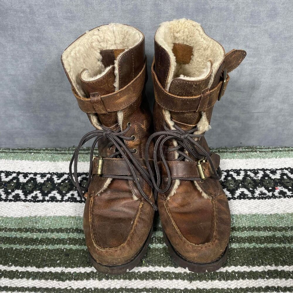 Ralph Lauren brown leather lace and buckle boots.